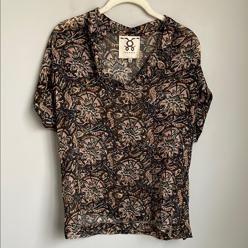 Figue Sheer Silk Floral Brown & Tan Short Sleeve Blouse Size XS
